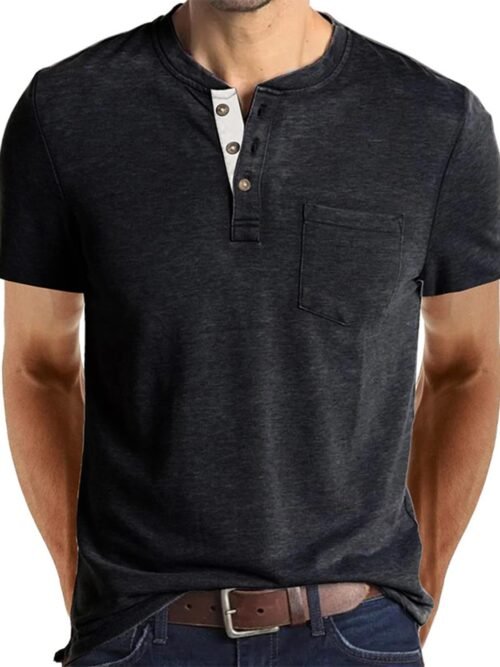 Fashion Men's Henley Shirts Classic Short Sve Basic Button Cotton T-Shirt with Pocket