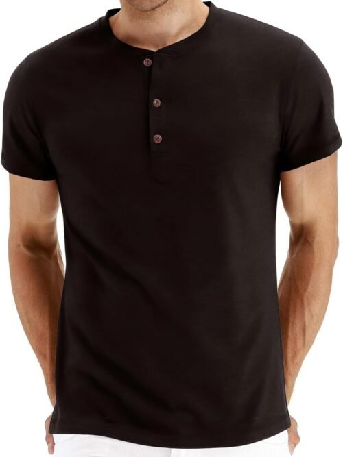 Men's Fashion Casual Front Placket Short/Long Sve Henley T-Shirts Cotton Shirts