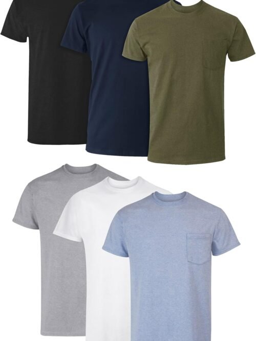 Men's Cotton Pocket T-Shirt, Moisture-Wicking with Odor Control, Assorted, 6-Pack